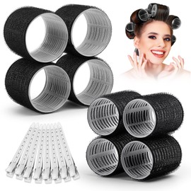 Self Grip Hair Rollers Curlers 16 Pcs Set with 8Pcs Hair Rollers 2 Sizes (4 Jumbo & 4 Large) and 8 Pcs Hair Clips for Long Medium Short Thick Fine Thin Hair Volume (Black)