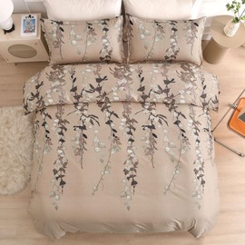 Double Duvet Set Botanical Brown Bedding Set Polyester Breathable Stylish Bedding Set with Pillowcases 3PCS, Brown Leaves, 200x200cm