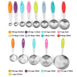 Measuring Cups and Spoons Set of 13 with Silicone Handle, Stainless Steel Nesting Measuring Cups and Spoons For Baking & Cooking (Colorful)