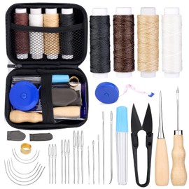 Leather Sewing Set Leather Craft Tool Set Leather Thread Wax Thread with Leather Needle, Sewing Awl, Thread Scissors, Thimble, Tape Measure and Storage Bag for Leather Padding Repair, Hand Sewing