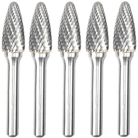 KOTVTM Carbide Burr SF-5 Die Grinder Bits Tungsten Double Cut Burr Bits (1/2" Cutter Dia X 1" Cutter Length) with 1/4" (6.35mm) Shank for Die Grinder Bits Metal Grinding Drilling Polishing (5pcs)