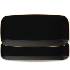 Blue Sky Organic Rectangle Black with Gold Rim Tray - 10.6" | 2CT Reusable & Disposable Stylish Plastic Serveware