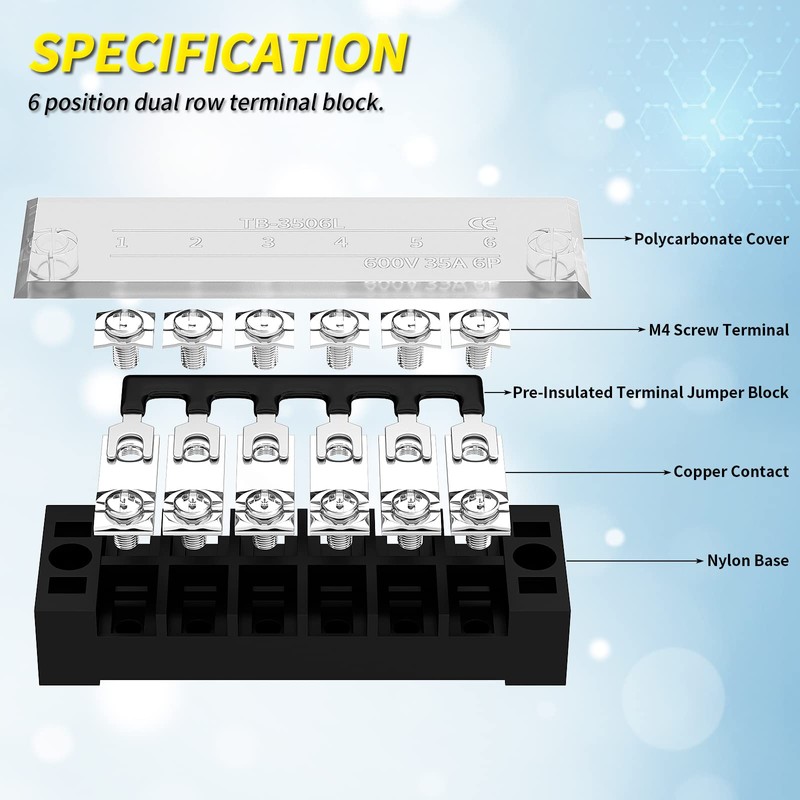 Joinfworld 35A Terminal Block 6 Position Screw Terminal Strip Dual