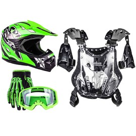 Typhoon Kids Pee Wee Offroad Gear Combo Helmet Gloves Goggles Chest Protector Motocross ATV Dirt Bike Green - XL