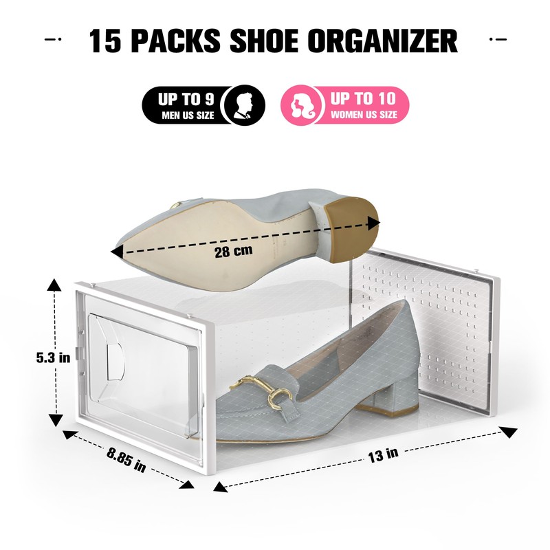 Kuject 15 Pack Shoe Storage Boxes, Large Clear Plastic Stackable