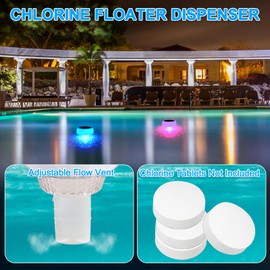 Pool Chlorine Floater with Colorful Lights - Floating Chlorine Dispenser with Adjustable 3-Inch Tablet Flow, Solar Chlorine Floater with Large Capacity, Pool Lights for Night Ambiance