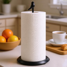Black Paper Towel Holder Stand for Countertop with Solid Wood Base and Wrought Iron Bird, Rustic Farmhouse Paper Towel Roll Holder, Stable Towel Dispenser with Non-Slip Pad