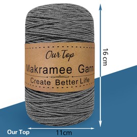 OurTop Premium Macrame Yarn Grey, 2 mm x 500 m Macrame Cord, Macrame Cord, Yarn for DIY Crafts, Weaving Decoration, Hanging Plant Hanger