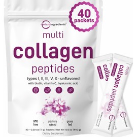 Micro Ingredients Multi Collagen Peptides Powder, 40 Stick Packs | Type I, II, III, V, X + Biotin, Vitamin C & Hyaluronic Acid | Unflavored | Supports Hair, Skin & Joint Health | Keto, Non-GMO
