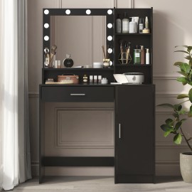 Vanity Desk with LED Light Mirror, Dressing Table with Large Drawer & 3-Tier Storage, Adjustable Brightness 3 Lighting Modes,color: White, size: standard
