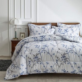 AIKASY Bed in a Bag 7 Pieces King Size - Floral Print - Soft Microfiber, Reversible Bed Comforter Set (1 Comforter, 2 Pillow Shams, 1 Flat Sheet, 1 Fitted Sheet, 2 Pillowcases)（White, King）