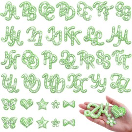 62 parches autoadhesivos de letras de perlas (A-Z) con estampado de estrellas y mariposas en forma de corazón, lazo, flores, perlas con purpurina, apl