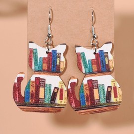 Book Wooden Earrings for Women Cat Book Earrings for Women Book Apple Pendant Earrings, Gifts for the Beginning of School Season (Wooden Cat Book Earring)