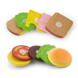 Viga Wooden Hamburger & Sandwich Set - Childrens Pretend Play Food Kitchen Toy