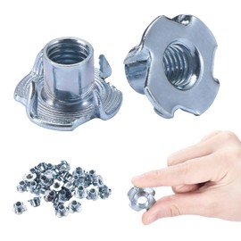 Bolt Dropper T-Nut Wood Insert, Carbon Steel, Black Zinc Finish, 4-Prong 1/4"-20x5/16, Flush Surface Fasteners for Wood, Particle, or Composite Materials Workpiece, Set of 100
