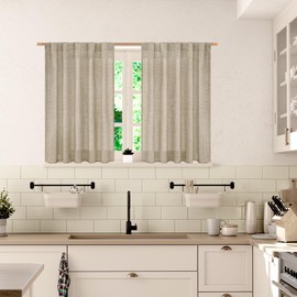 BGment Oatmeal Linen Curtains 45 Inch Length for Kitchen Cafe Window, Rod Pocket Semi Sheer Drapes Light Filtering Textured Privacy for Bedroom Bathroom Back Tab, 2 Panels, 42 X 45 Inch