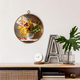 BitKAM Vintage Farmhouse Fall Round Wall Art Decor, Retro Autumn Botanical Canvas Prints Framed, Rustic Fall Wall Hanging Decorations for Kitchen Dining Room Home Bedroom, 10x10 Inch Wall Sculptures