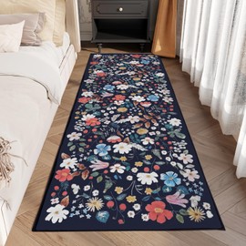 WEZVIX Boho Floral Runner Rug,2x6 Machine Washable Rug,Kitchen Rugs for Hallways with Anti-Slip Particles Backing,Front Runner Carpet for Bathroom,Long Hallway,Sunroom,Kitchen,Bedroom(Black)