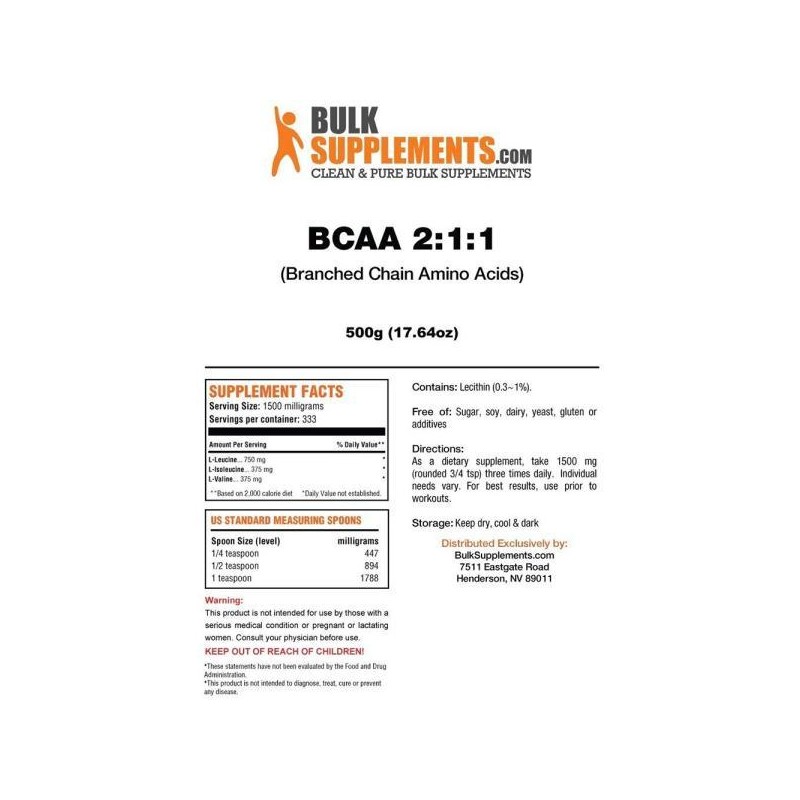 벌크서플리먼트 2:1:1 BCAA 필수 아미노산 파우더 500g Bulk Supplement 2:1:1