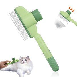 Comb for cats, self-cleaning flea comb for pets, grooming brush for pets, with button for quick cleaning of lost hair, dematting knots and gently removes fleas (green)