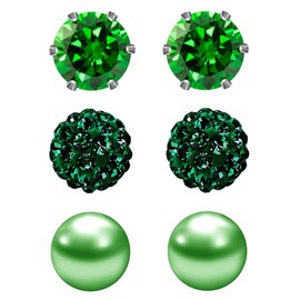 JewelrieShop Cubic Zirconia Rhinestones Crystal Ball Faux Pearl Birthstone Stud Earrings for Women - Hypoallergenic Stainless Steel Earrings - 3 Pairs - Green (May.)