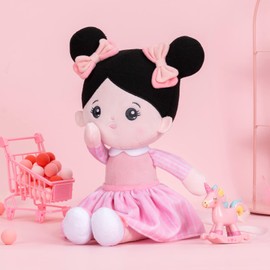 OUOZZZ Soft Baby Doll for Girls - My First Baby Doll Birthday Gifts for Girls Plush Rag Dolls Asian Doll Black Hair Pink Dress Toy for Toddlers Kids Infants 15"