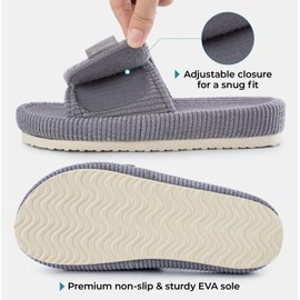 HomeTop Women's Corduroy Open Toe Slippers with Adjustable Closure Memory Foam Non Slip Indoor Outdoor Sole for House Light Gray,5-6 US