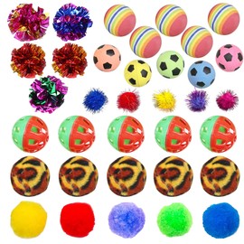 Allazone 35 PCS Cat Toys Balls Set, 7 Style Pompoms Kitten Toy Paper Balls Thread Ball, Foam Balls for Cats Colorful Rainbow Ball, Interactive Cat Toy for Cats to Play, Training