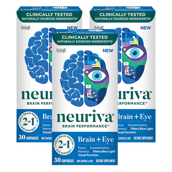 NEURIVA Brain + Eye Support Capsules (30 Count in a Box), with Vitamins A C E, Zinc, Zeaxanthin, Antioxidants, Filters Blue Light, Decaffeinated, Vegetarian, Gluten & GMO Free (Pack of 3)