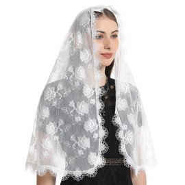 Mantveil White Spanish Style Floral Lace Mantilla Chapel Veils Classic Long D Shape Catholic Church Veil Head Covering for Women