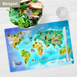 Tischset | Platzset abwaschbar – Weltkarte in deutsch mit vielen Tieren – 44 x 30 cm – aus hochwertigem Vinyl