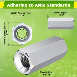 UPVONT Hex Coupling Nuts, Rod Coupling Nuts 1/2"-13 UNC, 1-3/4" Length (50 PCS), Ideal for Threaded Rods & Studs, 1.75-Inch Length with Zinc Plating (50 PCS)