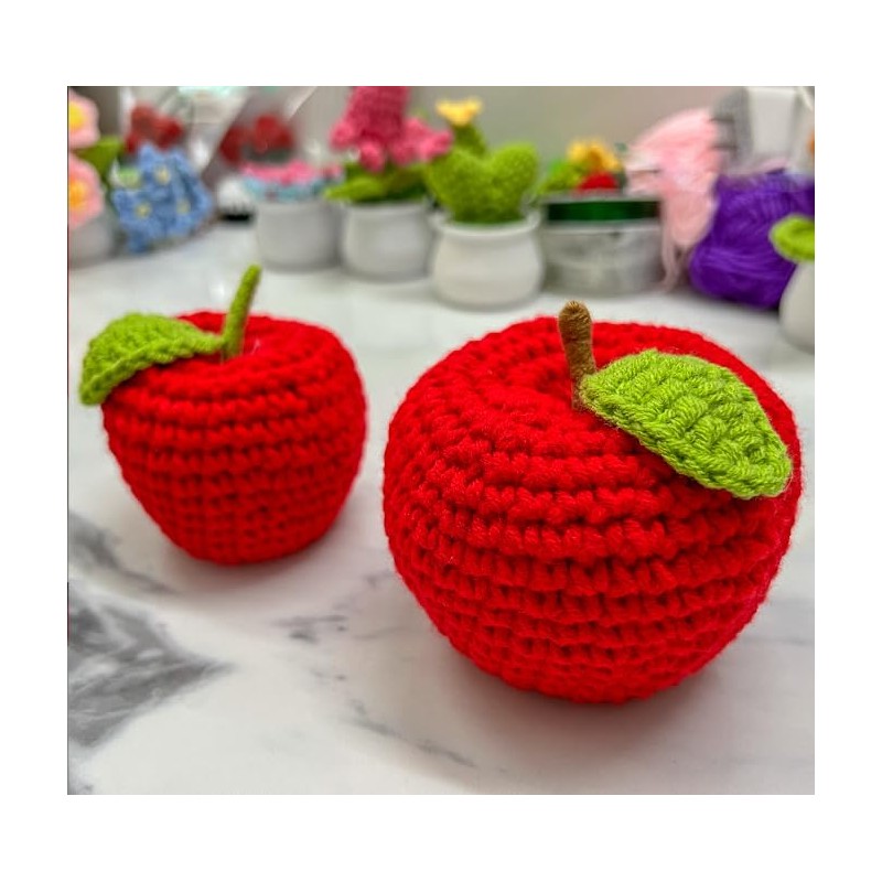 JOONOR 2 Pieces Handmade Crochet Apple Statue,Hand-Knitted Apple with Stem
