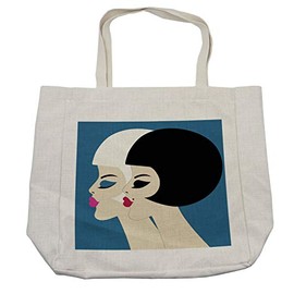 Ambesonne Hair Salon Shopping Bag, Retro Style Brunette and Blonde Women with Bob Haircut and Neat Make up Image, Eco-Friendly Reusable Bag for Groceries Beach and More, 15.5" X 14.5", Cream