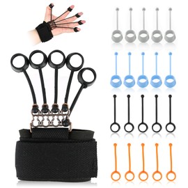 4 Pack Finger Exerciser with Bracelet, (20lb, 40lb, 60lb, 75lb) 4-in-1 Finger Extensor Exerciser Hand Grip Amplifier with Resistance Band, Guitar Finger Trainer, Hand Grip Trainer