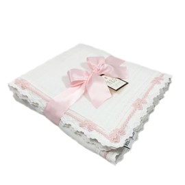 Heirloom Baby Girl Blanket ( White & Pink Bows ) Cotton Swaddle Blanket with Delicate Pink Bow Trim Finishing by MEG Original with Option to Embroider Name or Initials