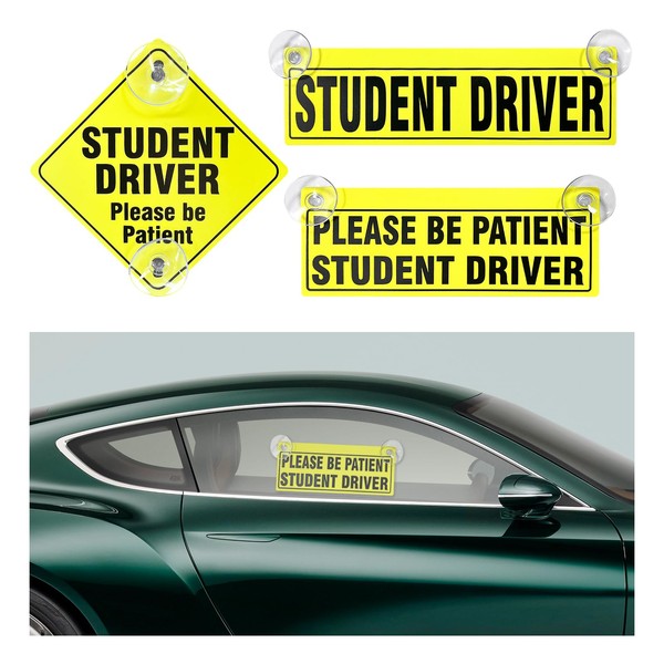 Suvnie 3 PCS Student Driver Sticker, Removable Reflective New Student Driver Safety Sign with Suction Cup, Please Be Patient Decal Sticker for New Drivers, Car Exterior Accessories