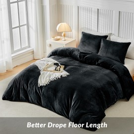 WARMDERN Black Velvet Duvet Cover Set Queen Size, Luxury Milk Velvet Bedding Duvet Cover with Zipper Closure, 3pcs Ultra Soft Duvet Covers for All Seasons, 90" x 90", Black