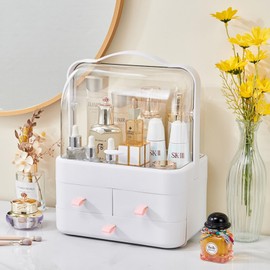 Makeup Organizer and Storage for Vanity with Lid and Drawers, Waterproof and Dustproof Portable Skincare Cosmetics Boxes, Makeup Caddy Holder for Vanity Countertop, Bathroom, Dresser, Bedroom-White
