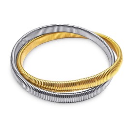 Two Tone 2 Strand Omega Snake Cobra Wide Bangle Twisted Bracelet Bands Set Interlocking Flexible Stretch Bracelets for Women Yellow Gold Silver Plated Stainless Steel Fits 8 to 8.5 inches Wrist