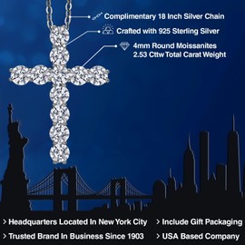 Gem Stone King Moissanite Cross Necklace | 925 Sterling Silver | 2.53 Cttw | 1.20 Inch | Jesus Christian Religious Crucifix Jewelry Pendant Necklace for Women | with 18 Inch Silver Chain