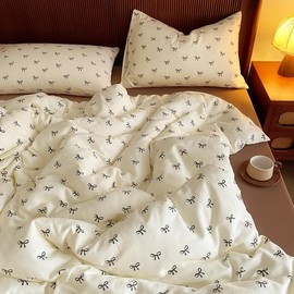 Nayoroom Bed Linen 135 x 200 cm Girls Black White Bows Children's Duvet Cover 2-Piece Aesthetic Kawaii Bow Pattern Microfibre Single Bed Duvet Cover with Zip and Pillowcase 80 x 80 cm