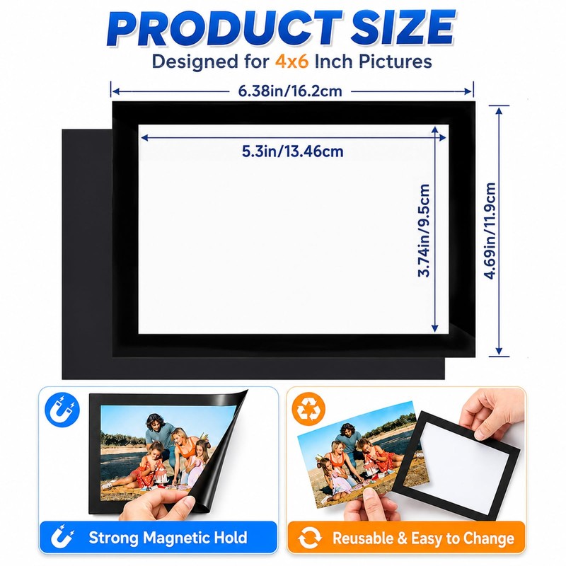 4×6" 6Pack Black Magnetic Photo Frames for Fridge with Strong