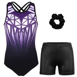 MODAFANS Gymnastics Leotards for Girls with Shorts Sparkly Ballet Dance Set Cross Back Activewear 12-13Years,Geometry Diamond