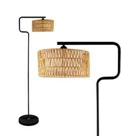 Lightdot 62IN Rattan Floor Lamps for Living Room, Boho Standing Lamp with Rattan& Linen Double Shades, Arc Standing Floor Lamps, Foot Switch, Bohemian Floor Lamp for Bedroom, Office-Black