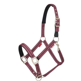 LeMieux Essential Yard Headcollar - Tough & Durable Nylon Webbing - Reflective Stitching - Neoprene Padding - Trigger Clip Throat Lash - Breakaway Leather Tab - Burgundy - Full
