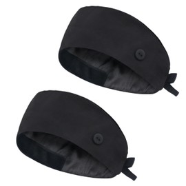 IRIS CRAFT Adjustable Working Cap with Button, Satin-Lined Cotton Working Hat Sweatband, Double Layer Elastic Bandage Tie Back Hats for Women & Men, One Size, 2 Pack: Black*2