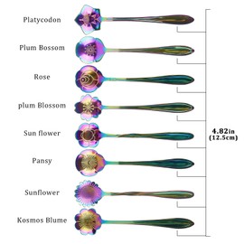 Biiange Flower Spoon Coffee Teaspoon Set, Stainless Steel Tea Spoon Essert Spoon, Stainless Steel Tableware Creative Sugar Spoon Tea Spoon for 8 Different Patterns (Colorful)