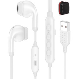 iMangoo 3 EQ Music Mode Wired USB Earbuds with Microphone for PC, 7.5FT Tangle-Free Long Cord Small in Ear Buds Headphones Wire Headset for Computer Laptop School Online Classes Earphones White