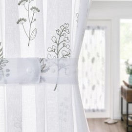 jinchan French Sheer Volie Door Curtain Leaf Embroidered Farmhouse Curtain for Patio Door with Tieback Light Filtering for Window Closet Rod Pocket 40 Inches 1 Panel Green on White